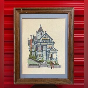 Vintage Wooden Framed Cross Stitch Victorian Home Debbie Patrick MCM Cottage